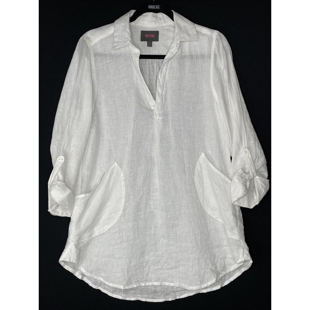 For Cynthia Top Blouse Size Small White 100% Linen 3/4 Sleeves Beachy Coastal